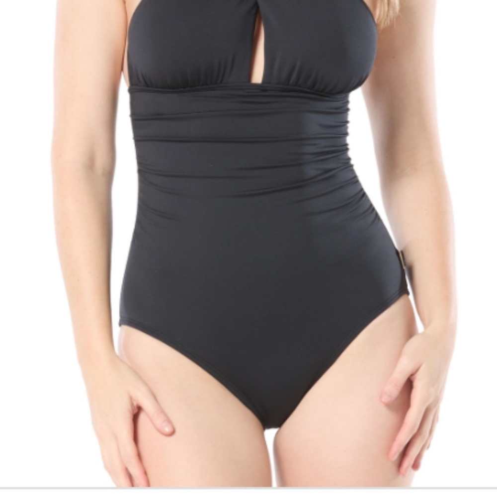 NWT Michael Michael Kors Women's Cross-Neck Smocked One-Piece Swimsuit - Black - Picture 3 of 3